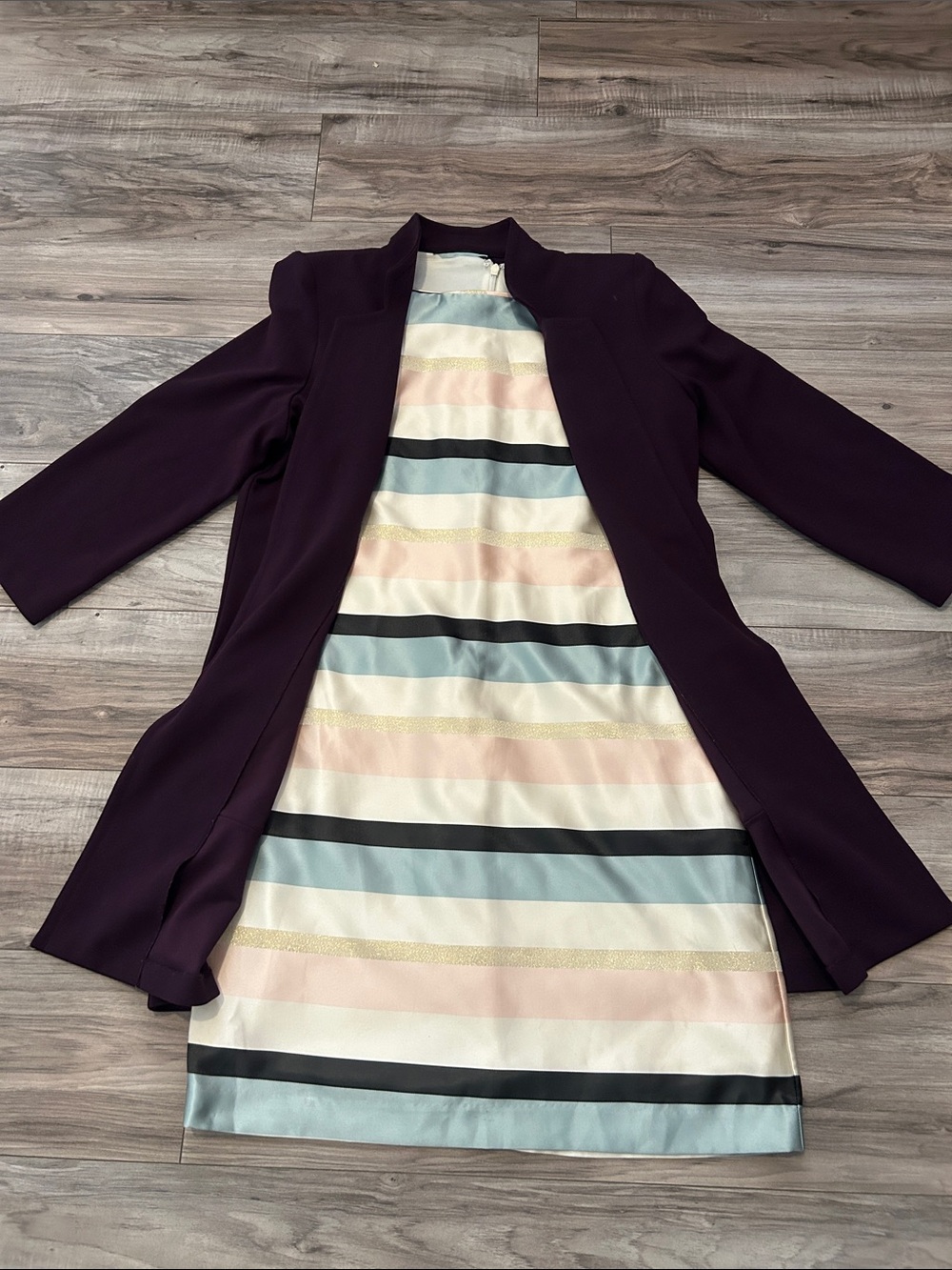 Purple Open Front Coat with Pastel Striped Dress size 4 Small